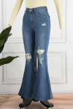 Hellblaue, lässige, solide, zerrissene Patchwork-Jeans mit hoher Taille und Boot-Cut-Denim