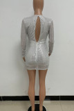 シルバー ホワイト セクシー ソリッド スパンコール パッチワーク フラウンス V ネック ワンステップ スカート ドレス