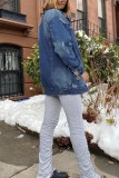 Cardigan strappato solido casual azzurro Giacca di jeans regolare a maniche lunghe con colletto alla rovescia