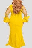 Gele elegante effen patchwork O-hals recht grote maten jurken