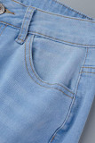 Light Blue Casual Solid Patchwork High Waist Flare Leg Boot Cut Denim Jeans