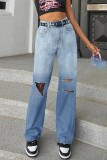 Baby Blau Casual Gradual Change Ripped High Waist Straight Denim Jeans (Ohne Gürtel)