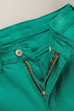 Jeans jeans verde casual liso rasgado patchwork cintura alta corte bota