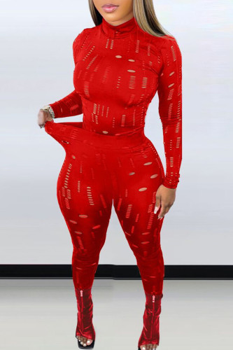 Red Casual Solid Hollowed Out Patchwork Half A Turtleneck Long Sleeve Two Pieces