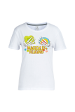 T-shirt bianche con scollo a O e stampa patchwork base party