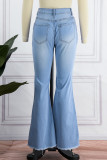 Jeans jeans azul claro casual patchwork sólido corte bota cintura alta