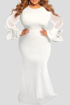 ホワイト エレガント ソリッド パッチワーク Oネック ストレート プラスサイズ ドレス