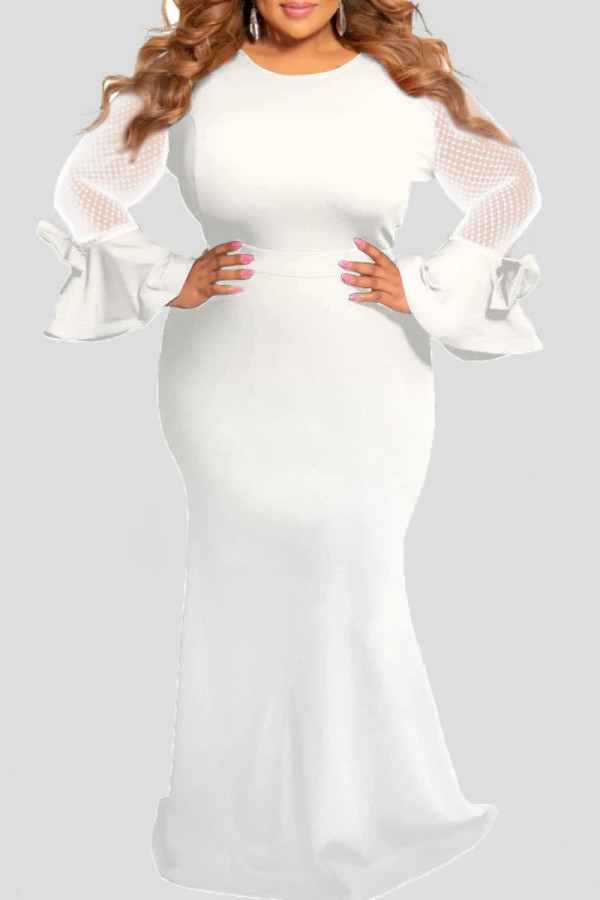 Blanco Elegante Sólido Patchwork O Cuello Recto Tallas grandes Vestidos