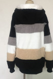 Черный повседневный уличный полосатый принт Пэчворк Молния Воротник с капюшоном Верхняя одежда