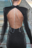 Серебряные сексуальные однотонные лоскутные цепочки с открытой спиной и круглым вырезом, юбка-карандаш, платья