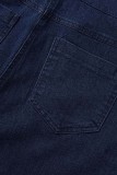 Macacão jeans skinny azul royal casual patchwork sólido gola redonda manga comprida