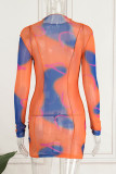 Orange Sexy Print Patchwork See-through Half A Turtleneck Pencil Skirt Dresses
