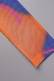 Oranje sexy print patchwork doorzichtige halve coltrui kokerrokjurken