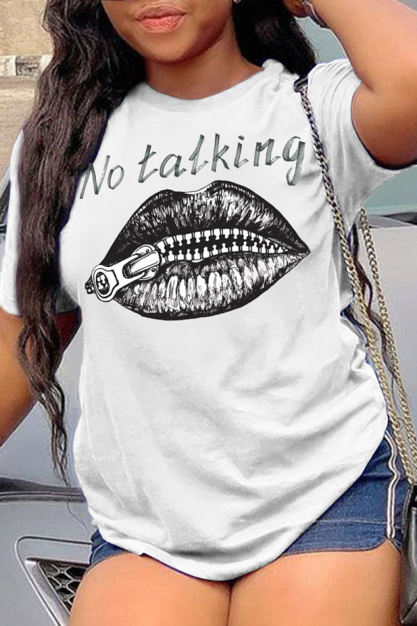 T-shirt con scollo O lettera patchwork stampate bianche casual Street Lips