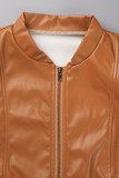 Prendas de abrigo con cuello de cremallera de patchwork sólido informal en marrón oscuro