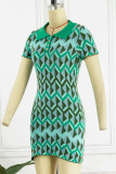 Green Sexy Print Draw String Turndown Collar Pencil Skirt Dresses