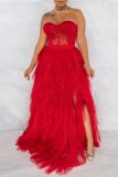 Vestido de noche sin tirantes sin espalda transparente de patchwork sólido formal sexy rojo Vestidos