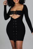 Black Sexy Solid Hollowed Out Frenulum Square Collar Long Sleeve Dresses