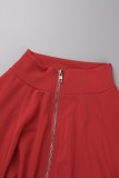 Красные повседневные однотонные платья с длинным рукавом и воротником-молнией в стиле пэчворк
