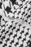 Negro Blanco Estampado casual Estampado rasgado Cuello cárdigan Manga larga Dos piezas