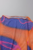 オレンジ セクシー プリント パッチワーク シースルー ハーフ A タートルネック ペンシル スカート ドレス