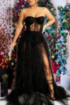 ブラック セクシー フォーマル ソリッド パッチワーク シースルー バックレス ストラップレス イブニングドレス ドレス