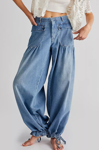 Medium Blue Street Solid Patchwork Mid Waist Harlan Denim Jeans
