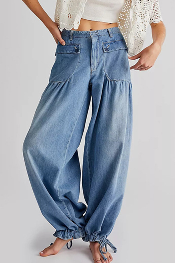 Medium blauwe street effen patchwork Harlan denim jeans met halfhoge taille