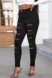 Zwarte casual effen gescheurde patchwork skinny jeans met hoge taille
