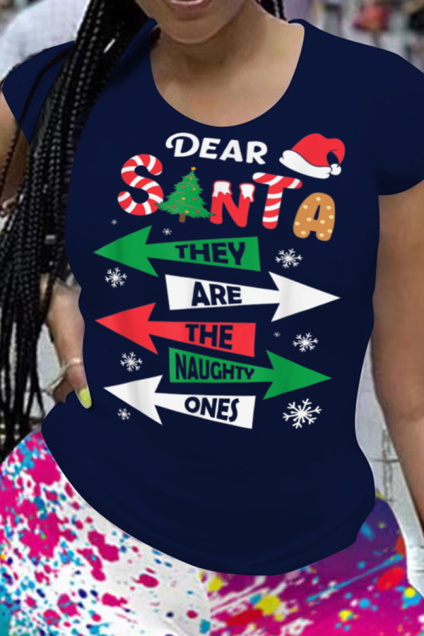 Chapéus de Papai Noel vintage de festa azul marinho com estampa de patchwork e camisetas com decote O