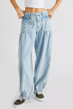 Medium Blue Street Solid Patchwork Mid Waist Harlan Denim Jeans
