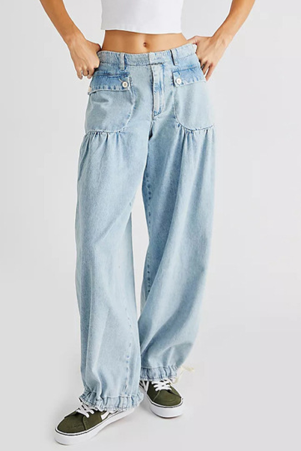 Light Blue Street Solid Patchwork Mid Waist Harlan Denim Jeans