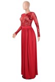 赤いセクシーなフォーマル パッチワーク スパンコール シースルー スリット O ネック イブニング ドレス ドレス