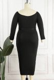 Zwarte casual letterprint met riem Off-shoulder eenstaps rok Grote maten jurken