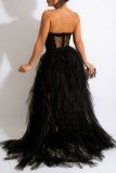 Black Sexy Formal Solid Patchwork See-through Backless Strapless Evening Dress Dresses