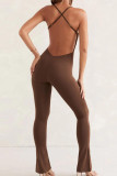 Mörkbruna Sportswear Solid Patchwork Backless Slit Spaghetti Strap Skinny Jumpsuits