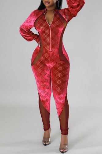 Combinaisons skinny sexy patchwork imprimé décontracté col zippé transparent rouge