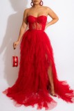Red Sexy Formal Solid Patchwork See-through Backless Strapless Evening Dress Dresses