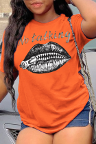 Orange Casual Street Lips Bedruckte Patchwork-T-Shirts mit O-Ausschnitt