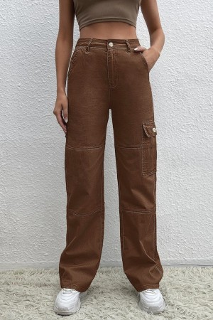 Brown Casual Solid Patchwork Mid Waist Straight Denim Jeans