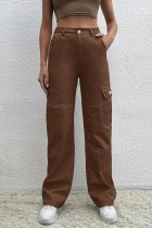 Bruine casual effen patchwork halfhoge rechte spijkerjeans