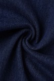Combinaisons casual solide patchwork col rabattu manches longues skinny denim bleu royal