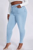 Jeans taglia forte patchwork solido casual blu medio