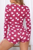 Rose Red Casual Living Print Patchwork V Neck Skinny Rompers