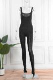 Black Sexy Solid Hollowed Out Square Collar Skinny Jumpsuits