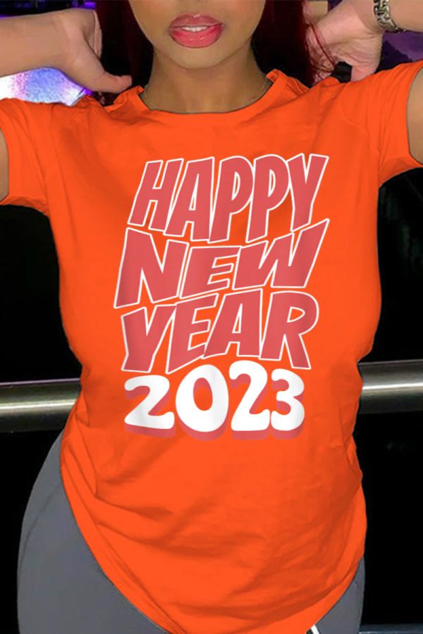 T-shirts décontractés orange à col rond et patchwork à imprimé vintage
