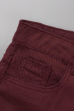 Coffee Casual Solid Patchwork Mid Waist Regular Denim Jeans