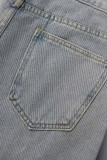 Jeans jeans de cintura alta com fivela de retalhos sólidos de rua sexy azul