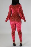 Röd Sexig Casual Print Patchwork Skinny Jumpsuits genomskinlig blixtlåskrage