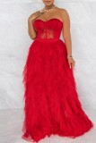 Red Sexy Formal Solid Patchwork See-through Backless Strapless Evening Dress Dresses